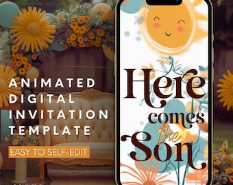 May include: Animated digital invitation template featuring a yellow sun with a smiling face and the text "Here comes the Son" in brown text against a blue and green floral background.