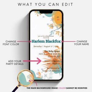 May include: A digital invitation for a baby shower with a colorful abstract background. The invitation says "Join Us For a Baby Shower Honoring Harlem Blackfox Saturday | August 17 | 2pm The Boho Space 3201 N 16th St Unit 16 Phoenix, AZ RSVP to Mandy 520-789-5623 Registered at Target & Amazon"