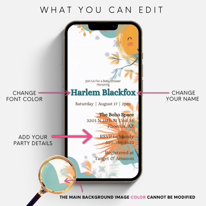 May include: A digital invitation for a baby shower with a colorful abstract background. The invitation says "Join Us For a Baby Shower Honoring Harlem Blackfox Saturday | August 17 | 2pm The Boho Space 3201 N 16th St Unit 16 Phoenix, AZ RSVP to Mandy 520-789-5623 Registered at Target & Amazon"