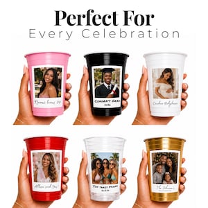 Custom birthday cups bulk for all celebrations including birthday baby shower graduation bachelorette, personalized plastic cups with photo for events, disposable party cups bulk for party favors, custom drinkware for any occasion, versatile personalized cups bulk listing