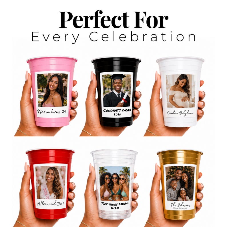 Custom birthday cups bulk for all celebrations including birthday baby shower graduation bachelorette, personalized plastic cups with photo for events, disposable party cups bulk for party favors, custom drinkware for any occasion, versatile personalized cups bulk listing