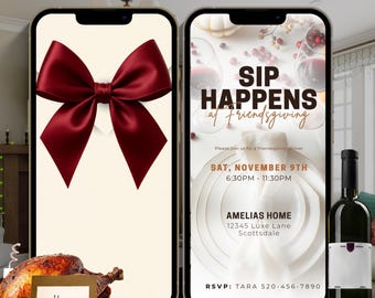 Downloadable Friendsgiving Digital Animated Invitation Template | Sip Happens Fall Potluck Dinner Downloaded Canva Invite | Wine Parti