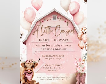 Cowgirl Babyshower Invitation: Pink Barn, Western Theme (Printable 5x7, Digital)