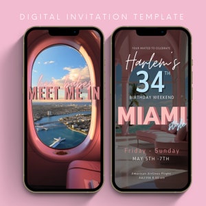 Miami Birthday Trip Weekend Getaway Digital Editable Invite Template with a Vacation Itinerary