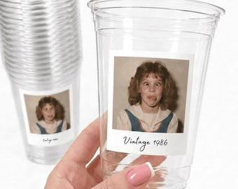 Personalized Plastic Cups with Picture Text for Parties Events Birthday Supplies Decorations Custom Photo Vintage Year Face Cups 16oz