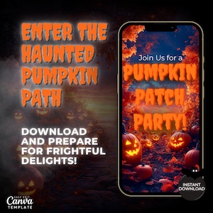 Puede incluir: La pantalla de un teléfono digital con un gráfico de temática de Halloween. El gráfico presenta un camino bordeado de calabazas y el texto "Join Us for a Pumpkin Patch Party!"