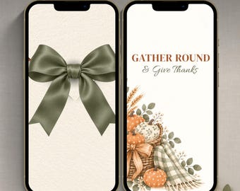 Thanksgiving Dinner Invite, Animated Video with Floral Pumpkins, Olive Green Bow and Gingham