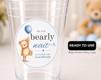 Teddy Bear Baby Shower Favor Cups for Guests, We Can Bearly Wait Baby Shower Cups Boy, Bulk Plastic Party Cups, Blue Baby Shower Decor Cups
