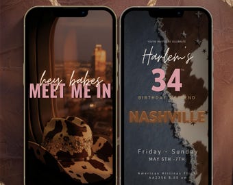 Geanimeerde verjaardagsuitnodiging weekend Nashville, denim koe print meisjes reis Nashville uitnodigen met reisplan, bewerkbare telefoon video verjaardagsuitnodiging