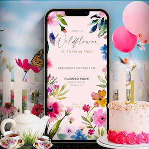 Wildflower Geburtstagseinladung Animiertes Video Vorlage Digitaler Download für Telefon Bearbeitbare Mädchen Erste Geburtstagsparty Laden Sofortiger Zugriff ein