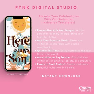 May include: A digital invitation template for a baby shower with a yellow sun and flowers on a blue background. The text "Here comes the Son" is in brown lettering. The template is customizable with your own images, music, and text.