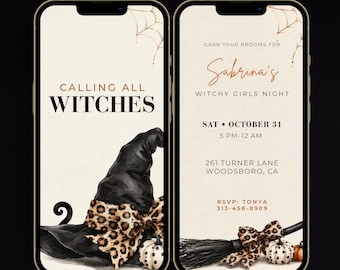 Leopard Print Witch Hat and Pumpkins Halloween Video Invitation, Witchy Girls Night Template