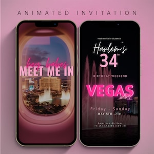 Animated Las Vegas birthday invitation shown on two iPhones featuring pink neon “Vegas Baby” text, custom name and age, and weekend itinerary details. Digital phone invitation template editable in Canva with itinerary, hotel information, and girls trip celebration theme. Modern luxe pink and black animated invite perfect for birthday weekend, bachelorette, or Vegas trip celebration.
