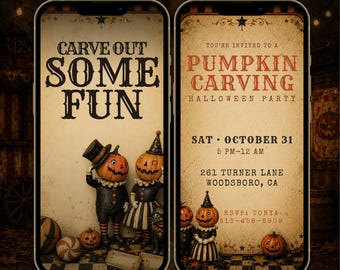 Pumpkin Head Vintage Halloween Carving Party Animated Invite