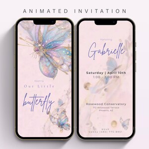 Light Purple Butterfly Baby Shower Animated Phone Invitation, Editable Baby Girl Sparkle Invite Template, Pastel Spring Digital Baby Invite