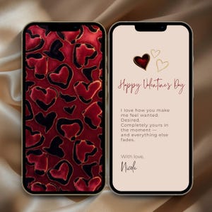 Puede incluir: Dos smartphones que muestran diseños temáticos del Día de San Valentín. Uno muestra un patrón de corazones rojos y negros, el otro presenta un mensaje que dice "Feliz Día de San Valentín" con corazones y una cita romántica.
