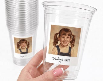 Custom Face Picture Cups 16oz Personalized Plastic Cups with Text for Parties Birthday Decorations Vintage Year Disposable Party Cups