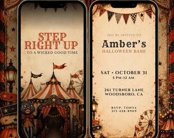 Vintage Halloween Carnival Invitation, Animated Circus Party Invite, Editable Canva Template