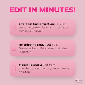 Edit in minutes animated digital invitation template for Las Vegas birthday weekend. Fully customizable text, fonts, and colors in Canva. No shipping required, mobile-friendly phone invitation design. Pink neon Vegas birthday invite for girls trip or milestone celebration.