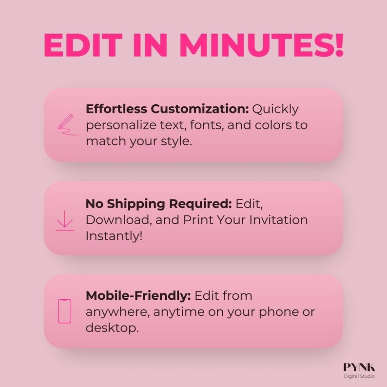 Edit in minutes animated digital invitation template for Las Vegas birthday weekend. Fully customizable text, fonts, and colors in Canva. No shipping required, mobile-friendly phone invitation design. Pink neon Vegas birthday invite for girls trip or milestone celebration.