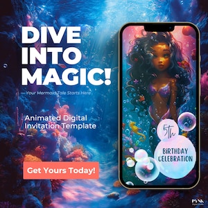 Convite de aniversário de sereia | Convite com foto pessoal | Convite para festa de sereia para download | Cartão de aniversário Under The Sea | Sereia animada