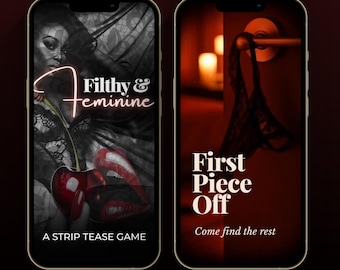 Könnte beinhalten: Zwei Smartphone-Bildschirme, die ein digitales Produkt anzeigen. Der linke Bildschirm zeigt den Text "Filthy & Feminine" mit einem Frauenporträt und einer Kirsche. Der rechte Bildschirm zeigt "First Piece Off" mit Dessous.