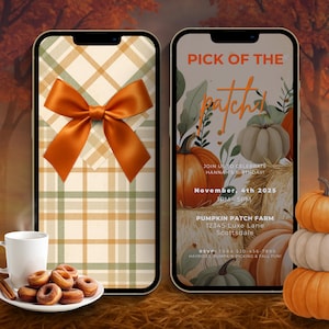 Può includere: Due smartphone mostrano grafiche a tema autunnale. Uno mostra un motivo a quadri con un fiocco arancione. L'altro presenta zucche, balle di fieno e il testo "Pick of the Patch" e "Pumpkin Patch Farm". Una tazza di caffè e ciambelle sono in primo piano.