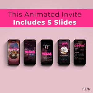 Animated Las Vegas birthday invitation template includes 5 slides: cover, alternate cover, hotel details, itinerary schedule, and celebration screen. Digital Canva template fully editable with custom name, age, dates, and trip details. Pink neon Vegas birthday weekend phone invitation for girls trip or milestone celebration.