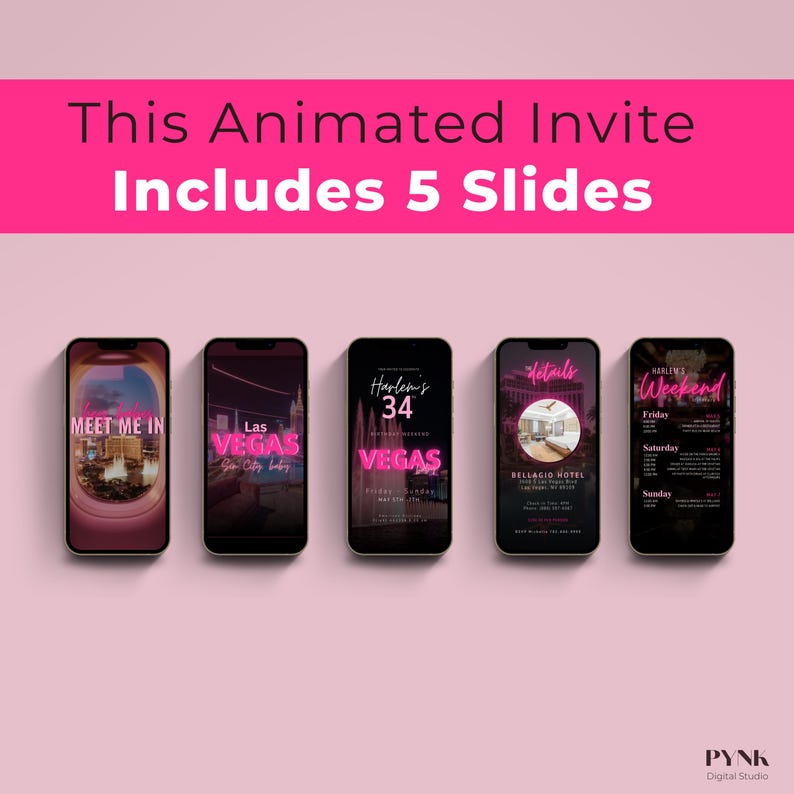 Animated Las Vegas birthday invitation template includes 5 slides: cover, alternate cover, hotel details, itinerary schedule, and celebration screen. Digital Canva template fully editable with custom name, age, dates, and trip details. Pink neon Vegas birthday weekend phone invitation for girls trip or milestone celebration.