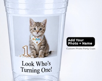 カスタム猫誕生日カップ パーソナライズされたペット写真パーティーカップ 子猫誕生日デコレーション 使い捨てカップ 猫パーティーの景品 バルクパックセット用品