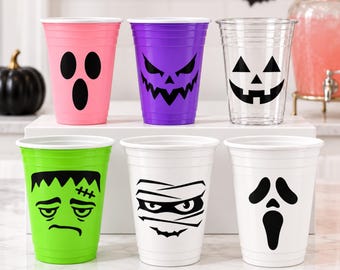 Halloween Party Cups, 16 oz Plastic, Ghost and Monster Designs, Spooky Table Decor
