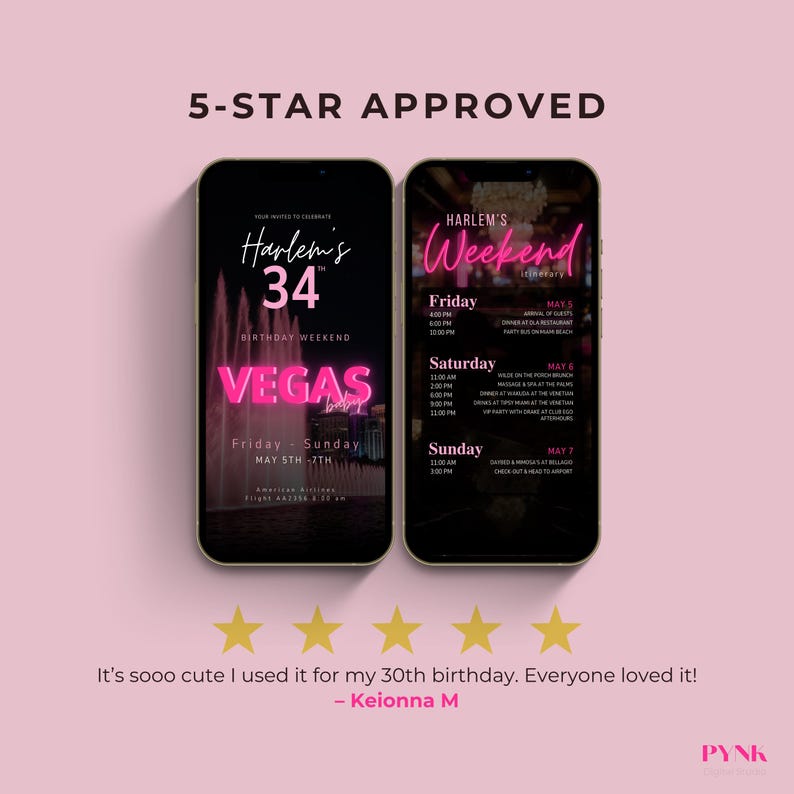 5-star approved animated Las Vegas birthday invitation with customer review testimonial. Digital phone invitation template featuring pink neon typography and weekend itinerary slides. Canva editable birthday weekend Vegas invite for girls trip or milestone celebration.