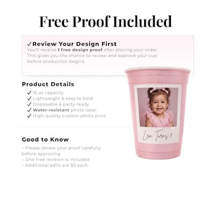 Custom birthday cups bulk with free proof included, personalized plastic cups preview before printing, custom photo party cups high quality design, disposable party favor cups with proof approval, bulk custom drinkware details and features, personalized cups made to order