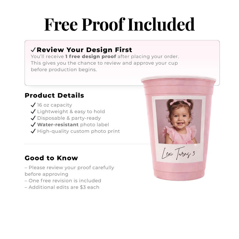 Custom birthday cups bulk with free proof included, personalized plastic cups preview before printing, custom photo party cups high quality design, disposable party favor cups with proof approval, bulk custom drinkware details and features, personalized cups made to order