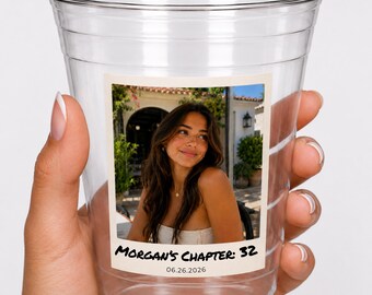 Vaso de plástico personalizado para fiestas con foto y texto a medida para cumpleaños, graduaciones, bodas, eventos, recuerdos de fiesta y baby showers.