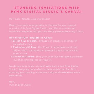 May include: Pink background with white text explaining how to use animated invitation templates for special occasions using Canva and Pynk Digital Studio. The text includes instructions on how to select, customize, download, and share the templates. The text also states that no design experience is needed.