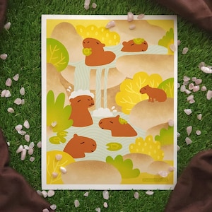 Capybara Haven Art Print, Letter Sized, Relaxing Wildlife Hot Springs Illustration