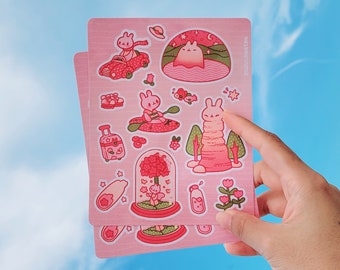 Strawberry Roadtrip Vinyl Sticker Sheet, Kawaii Bunny Travel Themed, Pink Aesthetic, Planner and Journal Stationery