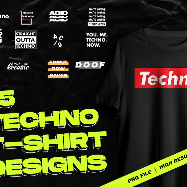 15 Techno T-Shirt Designs PNG Bundle - Rave Party, Electronic Music, EDM Graphic Art, best for print-of-demand - Digital Download