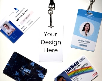 May include: A collection of ID badges and cards, including a company employee badge, a driver's license, and a business card. The badges feature photos, text, and various designs. A blank white card with the text "Your Design Here" is also included.