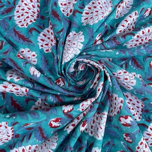 Hand Block Print Cotton Fabric: Green & White Floral Indian Textile
