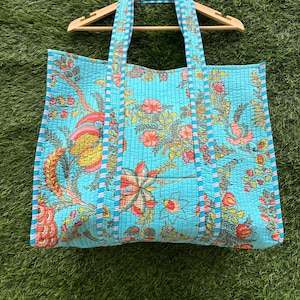 Quilted Cotton Tote Bag: Turquoise Floral Print Travel Shoulder Bag