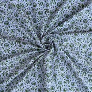 Hand Block Printed Cotton Fabric: Green Floral Print, 42&quot; Wide, Pre-Washed