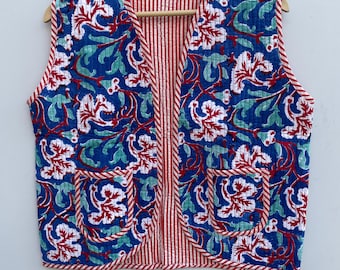Chaleco acolchado de algodón con estampado a mano y chaqueta étnica floral