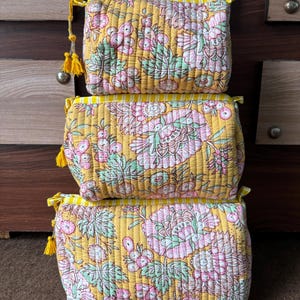 Hand Block Printed Cotton Pouch Set: Quilted Travel Organizer