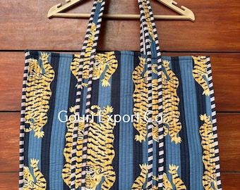 Handmade Quilted Cotton Tote Bag: Tiger Print Shoulder Bag