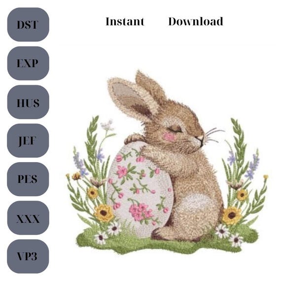 Cute Easter Bunny Embroidery Design, 3 sizes, Instant Download, Floral Bunny & Butterfly -Machine Embroidery File -Cute Spring Rabbit Design