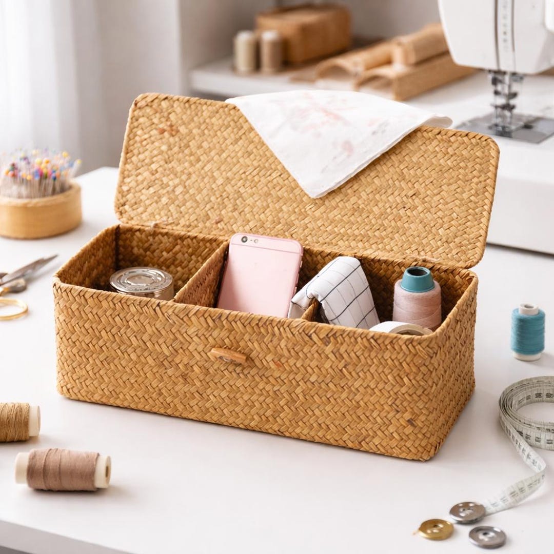 Handmade Storage Device Handmade 3-grids Hand Woven Storage Basket With Lid Rustic Boho ...