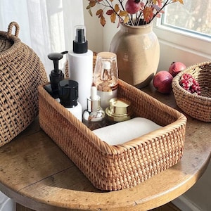 Rectangular Rattan Wicker Tray Basket – Handwoven Storage Organizer for Coffee Table, Kitchen Counter, Farmhouse Home Decor