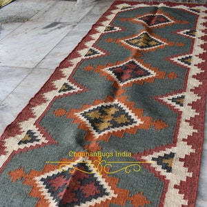 Handmade Kilim Runner: Wool Jute Rug, Traditional Stair Runner